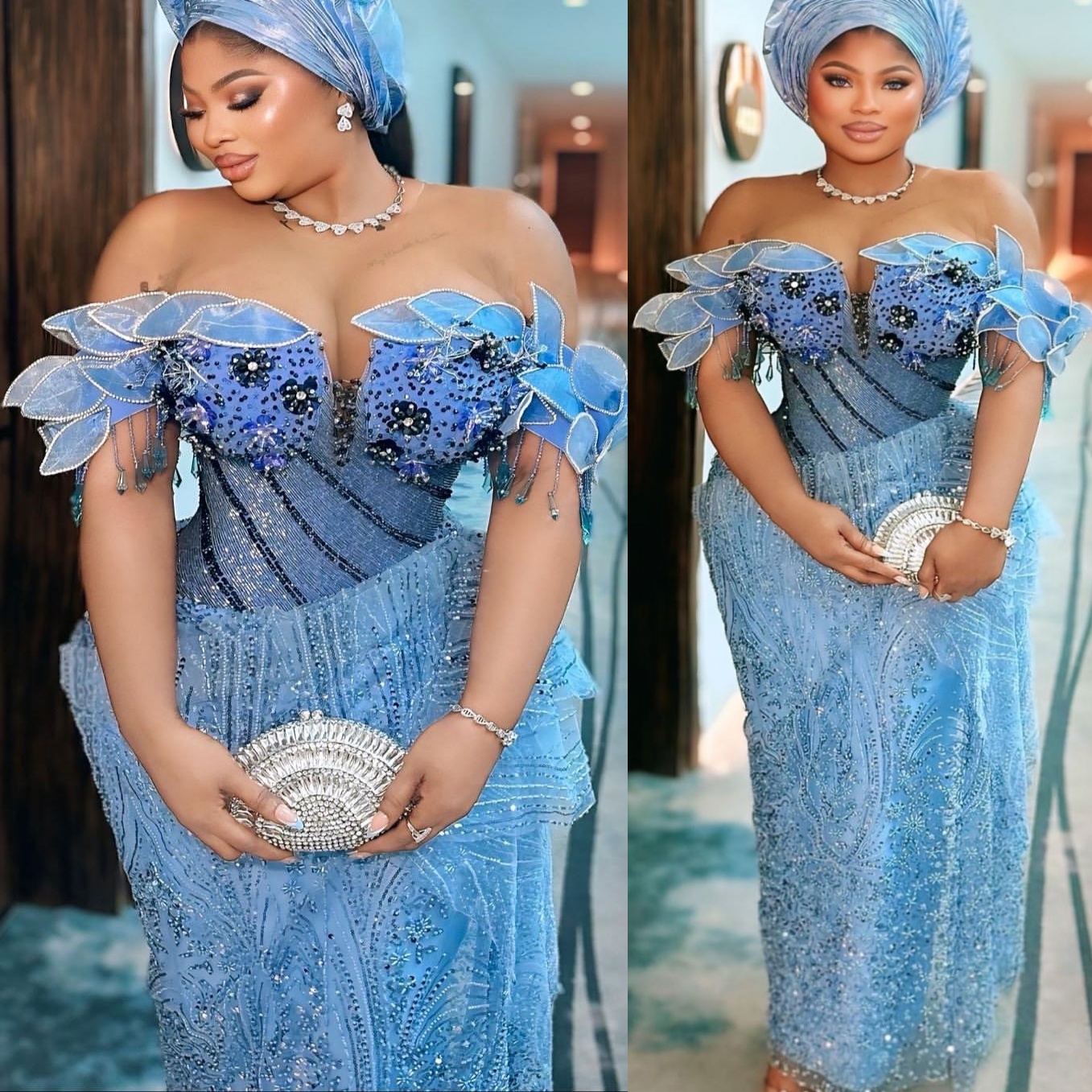Aso Ebi Light Sky Blue Sheath Prom Dresses 2025 Florals Beaded Crystals Sequined African Evening Formal Party Second Birthday Engagement Dress Gowns r