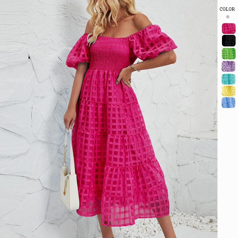 Summer Long Dress with Puff Short Sleeves Flowy Layered Beach ALine Dress with Lining for Women