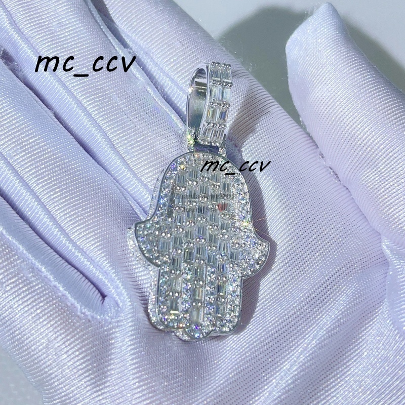 Gra Certificated Baguette Cut Hip Hop Fit for 4MM Tennis Chain Silver 925 Moissanite Hamsa Pendant