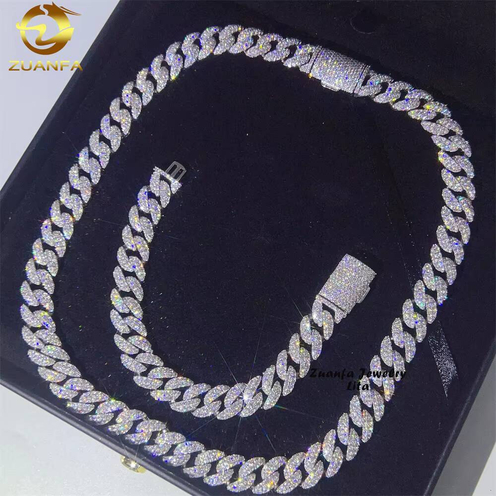 13MM Width Fine Jewelry Men Necklace Sterling Silver 925 Iced Out Moissanite Hip Hop Iced Out Cuban Link Chain