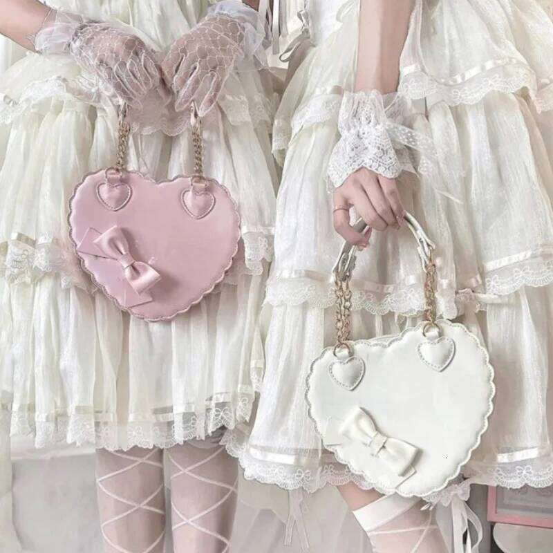 PU Heart Lolita Handbags Girls Bowknots Decor Japanese Shoulder Bags Two Sized Kawaii Shell Purses Cute Pink Messenger Bag Gifts