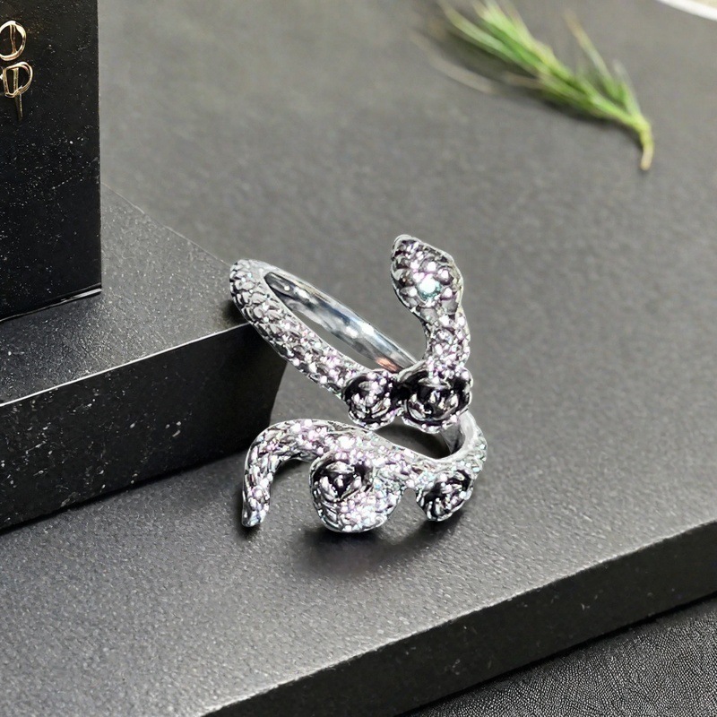 Green Eye Zircon Oil Drop Rose Flower Open Three-Dimensional Wrapped Snake Shape Niche Personality Ring