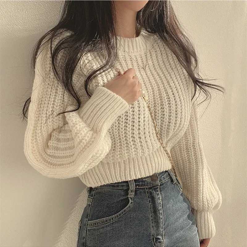 Autumn Winter New Niche Versatile Round Neck Sweater Womens Loose Fit Casual WaistFitted Petite Cropped Knit Top Trendy Z250905