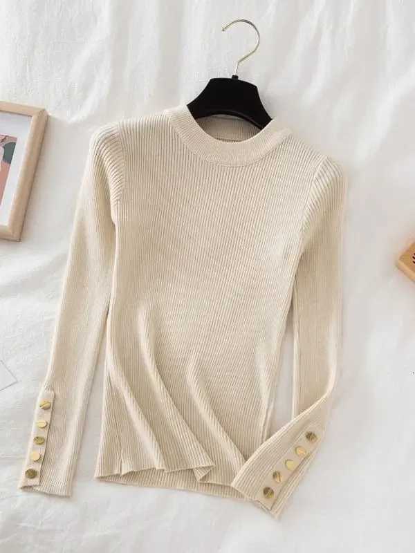 2024 women thick sweater pullovers khaki casual autumn winter button oneck chic sweater female slim knit top soft jumper tops Z250905