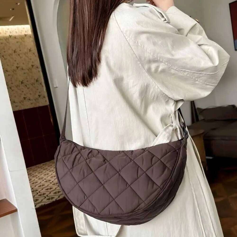 Portable Solid Color Plaid Crossbody Quilted Padded Half Moon All-Match Adjustable Strap Nylon Shoulder Bag