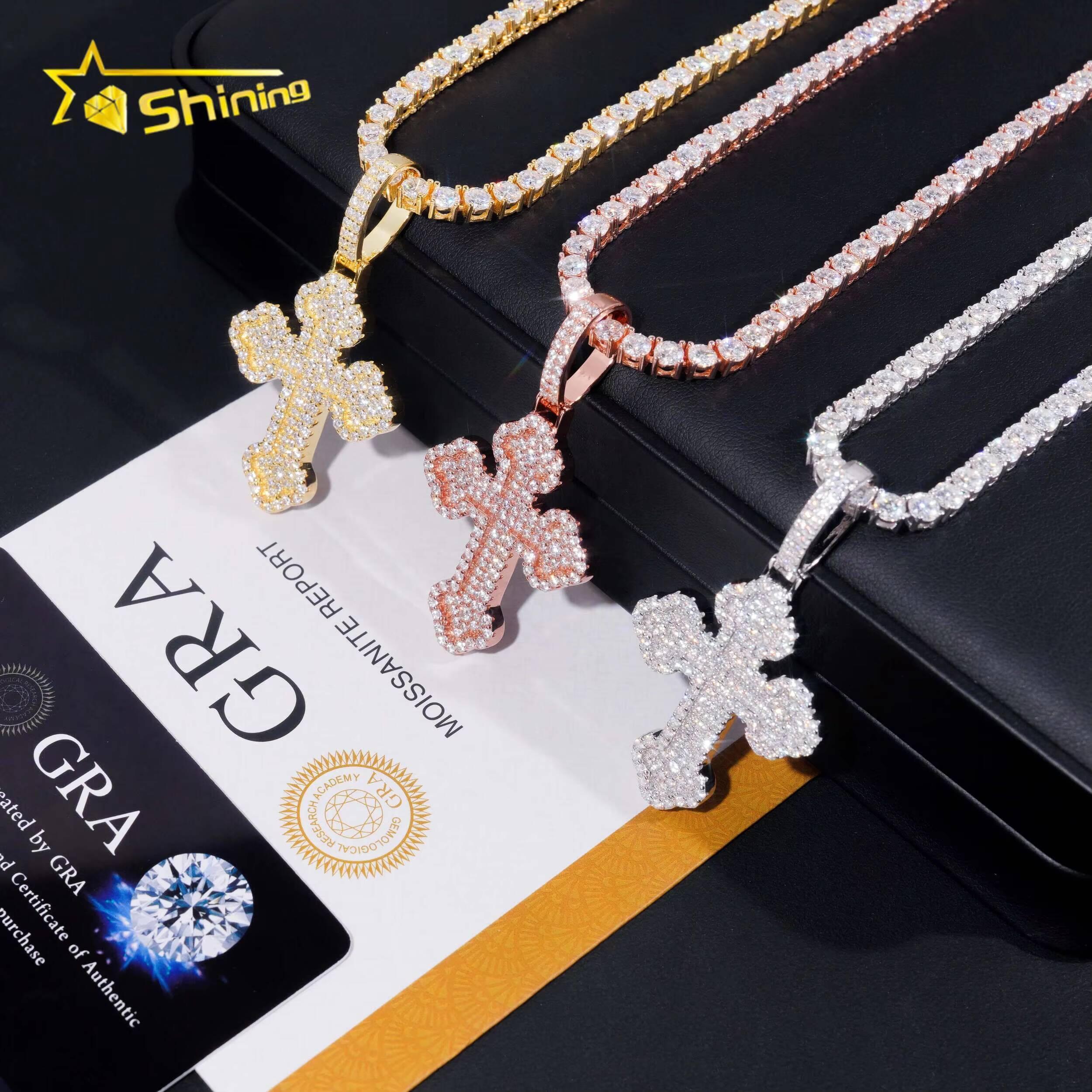 Ready to Ship Iced Out Cross Pendant Solid Silver with Moissanite Diamond Hip Hop Pendant Necklace Jewelry Wholesale