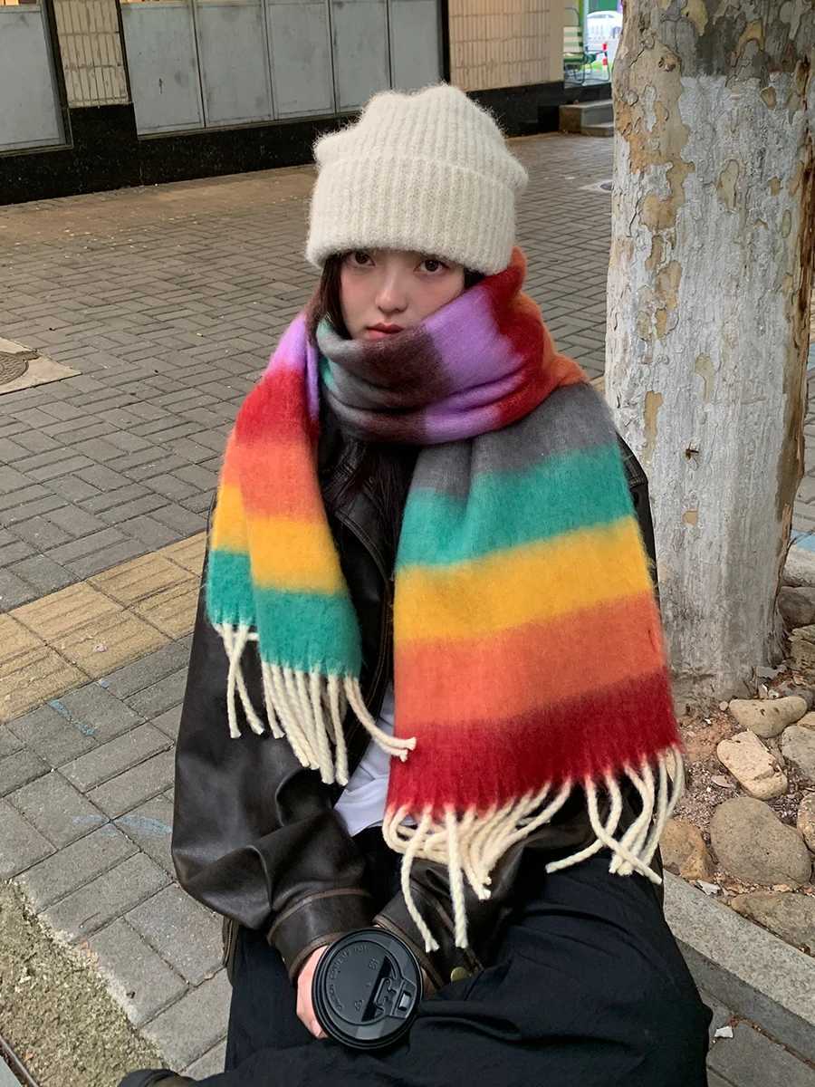 Fashionable Colorful Striped Faux Cashmere Thick Scarf For Women Winter 2025 New Highend Warm Neck WarmerXJ250905