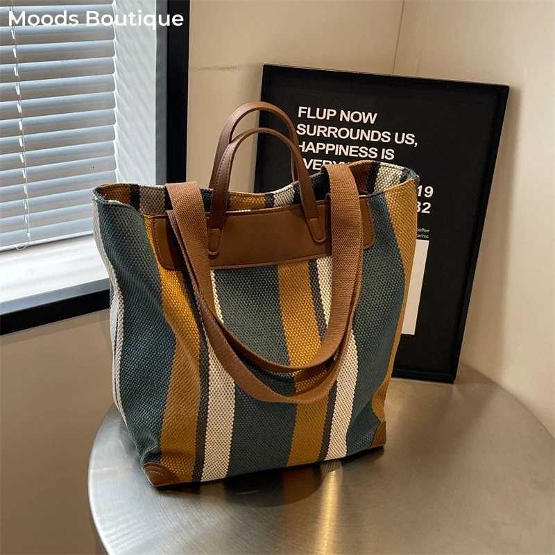 Striped Shoulder Bucket Bags For Women Canvas Fabric Large Capacity Shopping Totes Contrast Color Commute Shopper Handbags 2024 Z250903