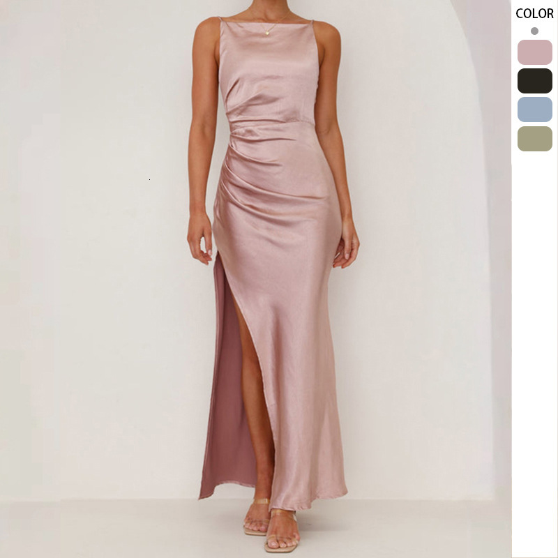 2025 Spring Summer Womens New Solid Color Sexy Backless Split MidLength Sleeveless Strap Dress