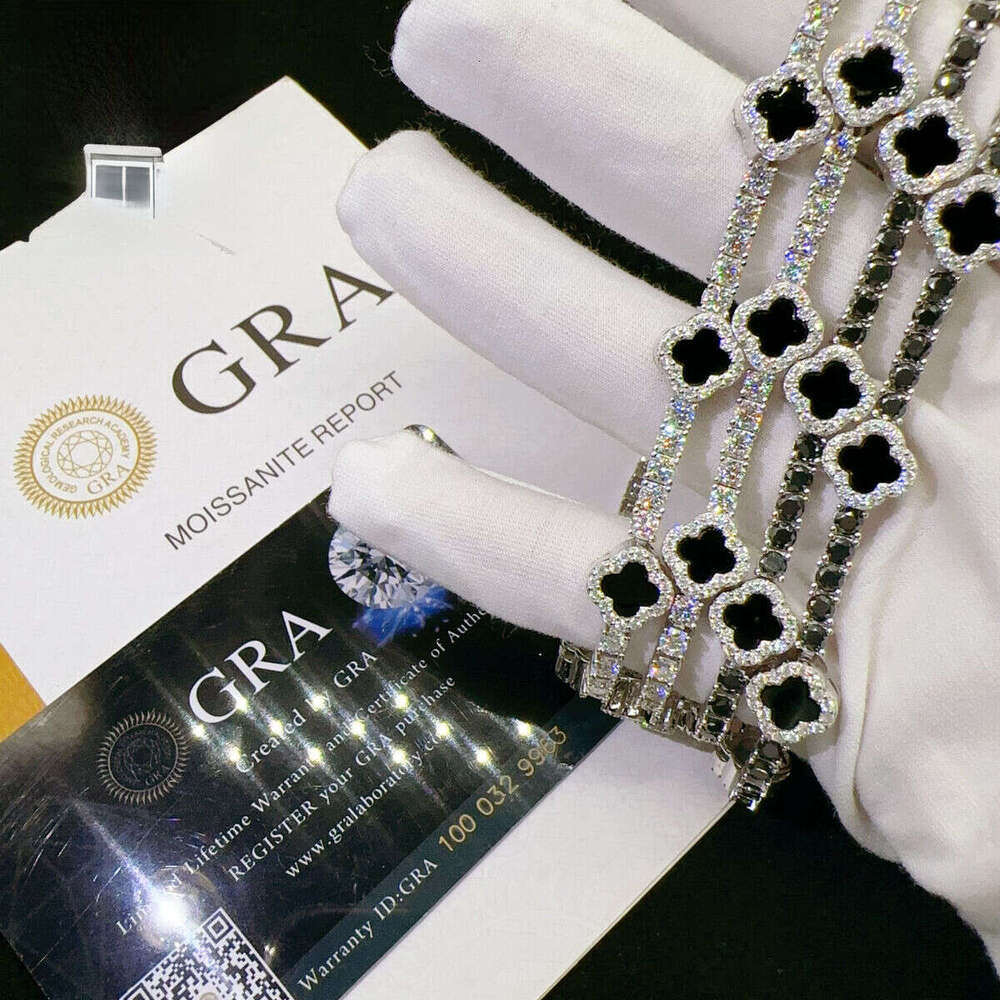 Pure silver Sriadiya VVS agate stone tennis fashion hip-hop cracked clover bracelet