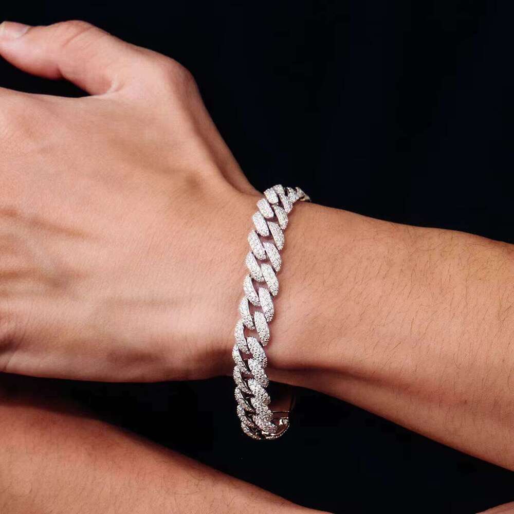 Men's Moissanite Link Chain in 7 8 9 Inch Width 10mm Sterling Sier & Gold Plated Cuban Bracelet Hip Hop Style Gift