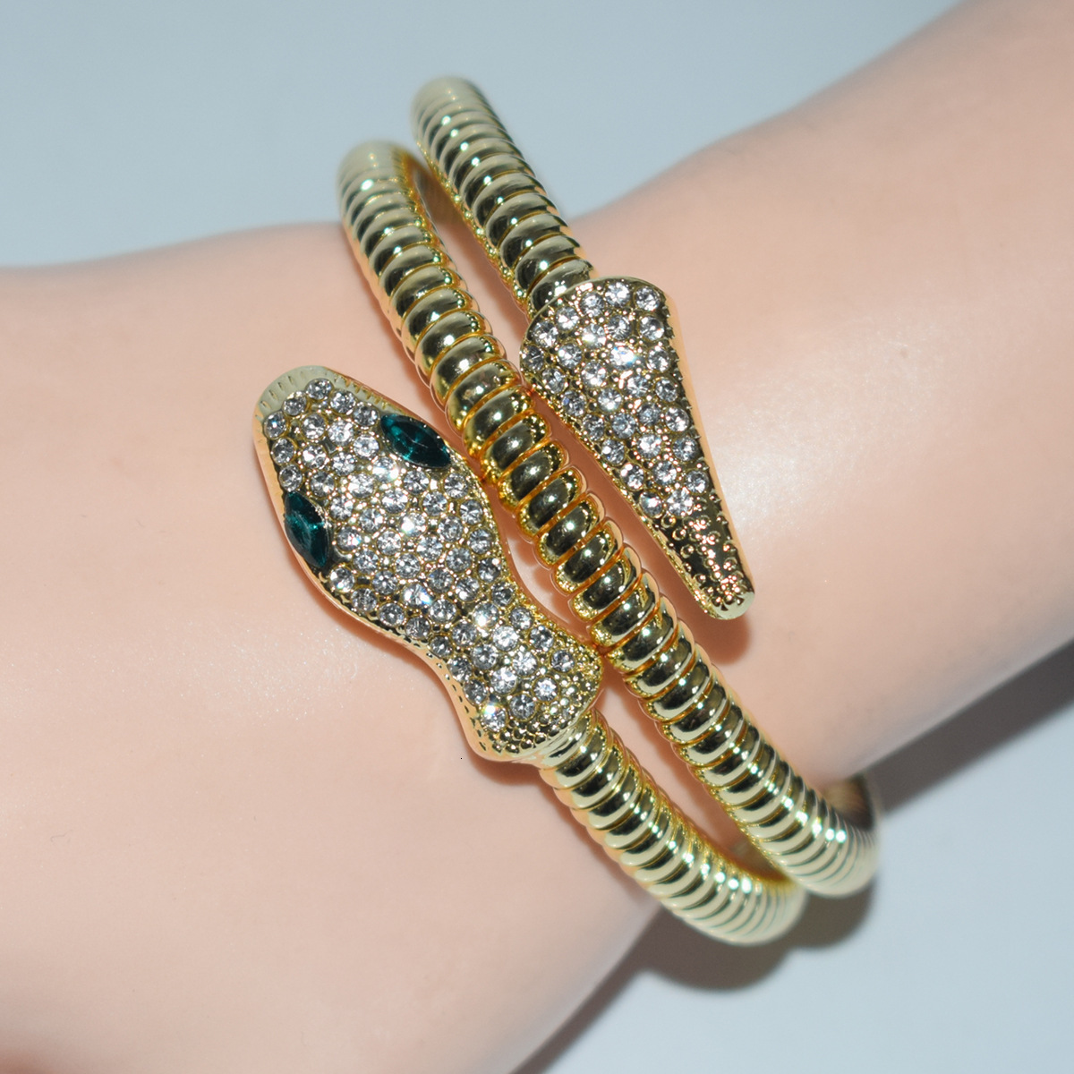 Exaggerated Punk Style Snake-Shaped Open Alloy Bracelet with Rhinestones for Men and Women