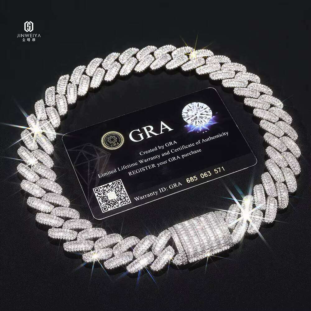 Sier VVS Moissanite 24mm Baguette VVS Moissanite Setting Iced Heavy Link Necklace for Men Miami Cuban Chain Style