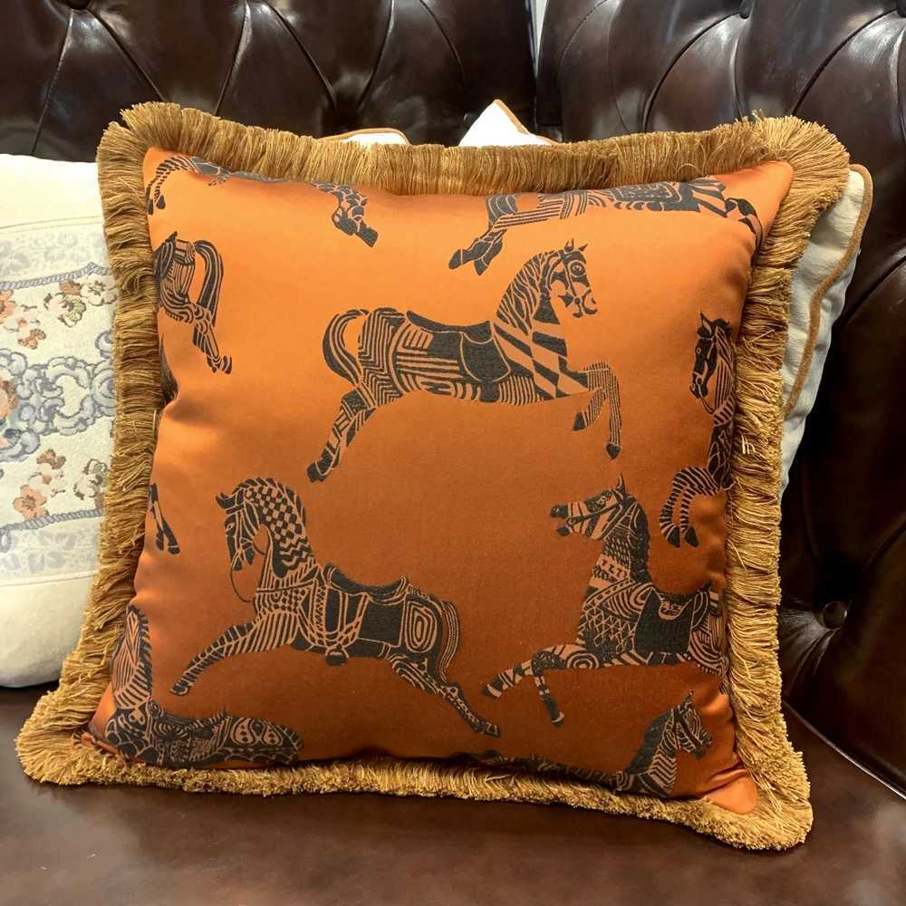 Luxury Fashion Soft Case Orange Horses Woven Interior Designer Quty Fringe Cushion Cover Sofa Window Furnishings 45x45cm Y250905