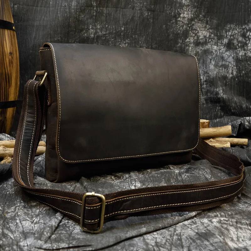 Men's Genuine Messenger A4 Vintage Crazy Horse Leather Shoulder Cowhide Magnetic Flap Laptop Crossbody Bag high-quality