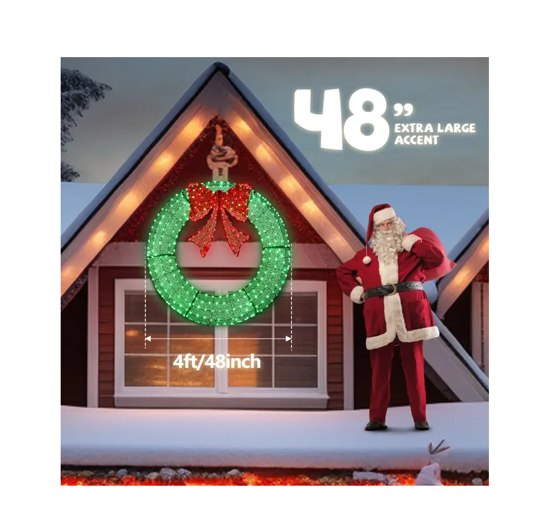 48in Pre-Lit Outdoor Christmas Wreath Decoration LED Metal Holiday Decor for Home Exterior Garden w/ 315 Lights Bow Green/Red