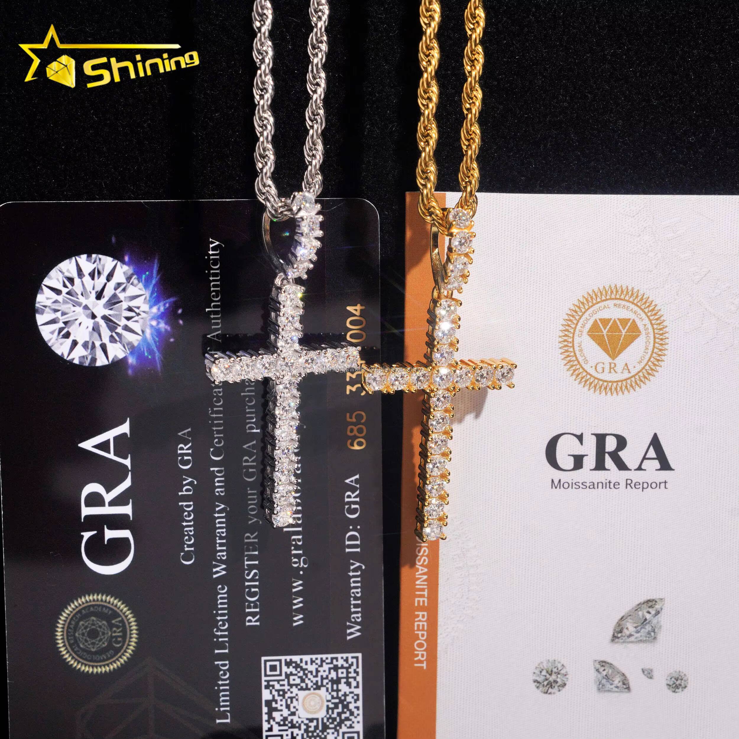 Bulk Stock Unisex Hot Selling RTS GRA Certified 925 Sterling Silver Gold Plated VVS1 Moissanite Diamond Cross Pendants Gift