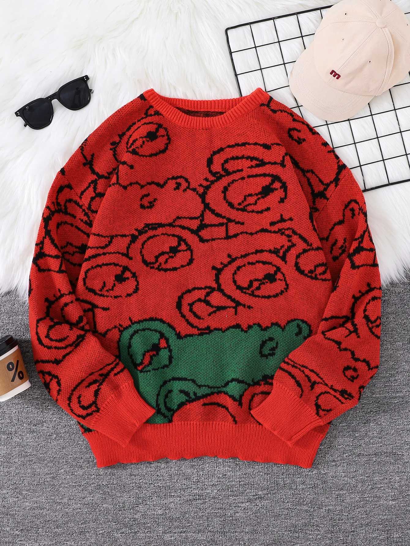 New Cartoon Crocodile Cute Pullover Sweater Casual Round Neck Contrast Color Knitted Mens Pullover Z250905