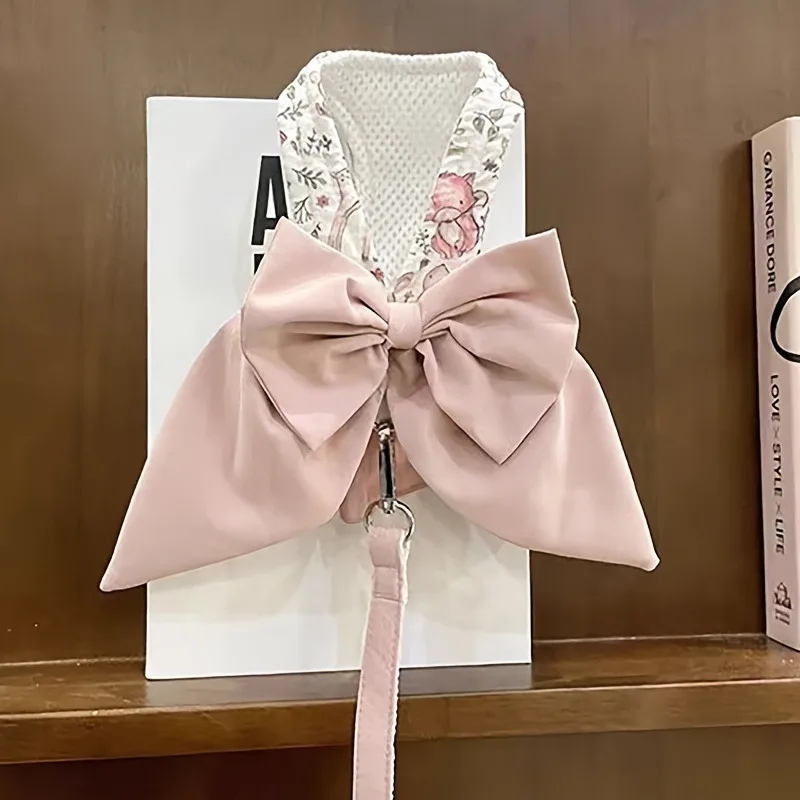 Luxury Big Bow Tie Dog Harness and Leash Set Elegant Solid Color Puppy Harness No Pull Soft Mesh Pet Cat Dog Vest Harness for Small Dogs Cats Fashion 