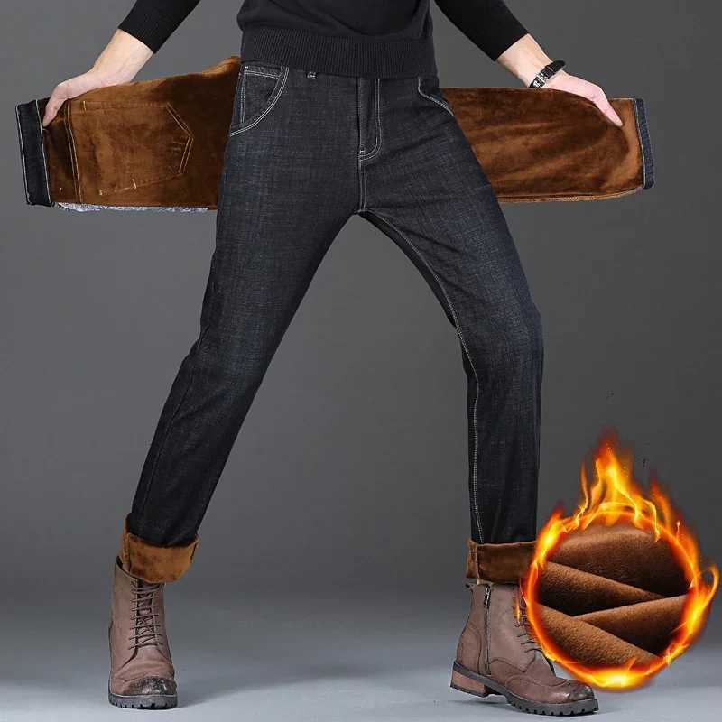 Winter New Mens Fleece Warm Jeans Slim Stretch Fashion Casual Denim Pants Classic Thickened Plush Male Clothing Black Blue W250905