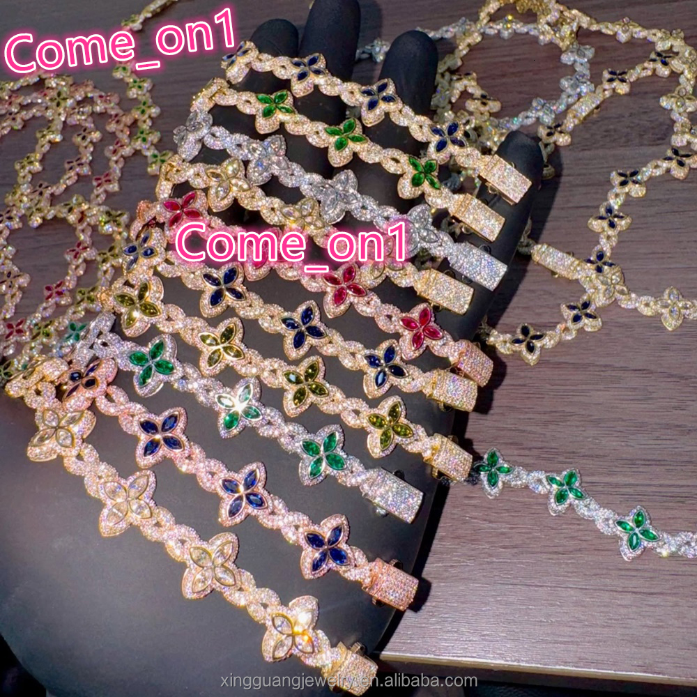 15MM 925 Sterling Silver Cuban Clover Bracelets Iced Out Hip Hop Infinity Colored Moissanite Cuban Bracelet