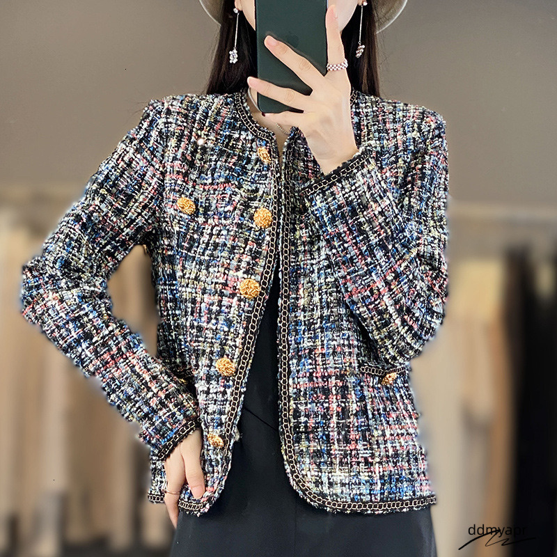Graceful French Style ddmyday Elegant Design Small Fragrance Round Neck Coat Tweed Pink Plaid Petite Short Top 250721 ddmyday ddmyday ddmyday ddmyday