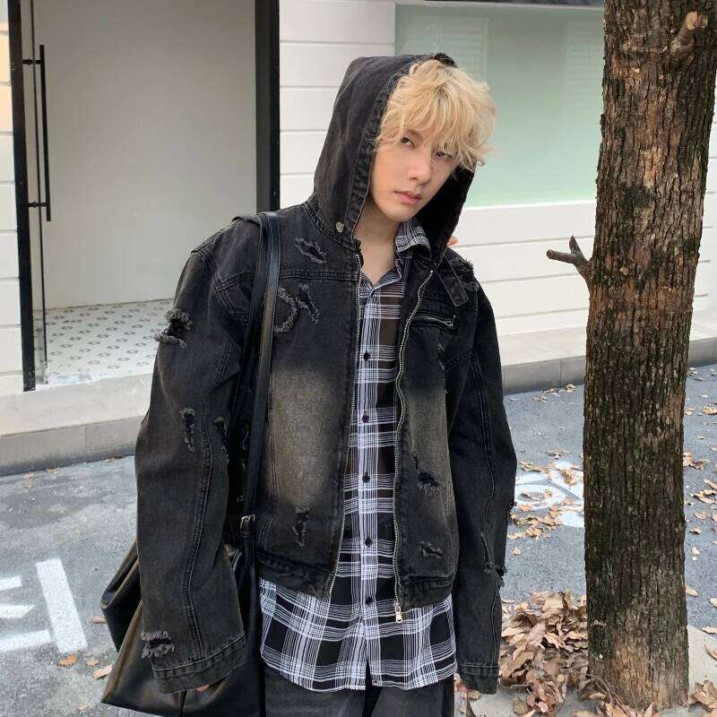 New Hooded Mens Denim Jacket 2024 American Retro High Street Loose Couple Tops Hip Hop Streetwear Trendy Washed Cowboy Coats