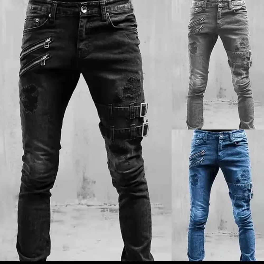 Men New Slim Jeans Male Pants Spring Autumn Elastic Feet Jean Streetwear Mens Skinny Zips Biker Cacual Long Denim Trousers W250905