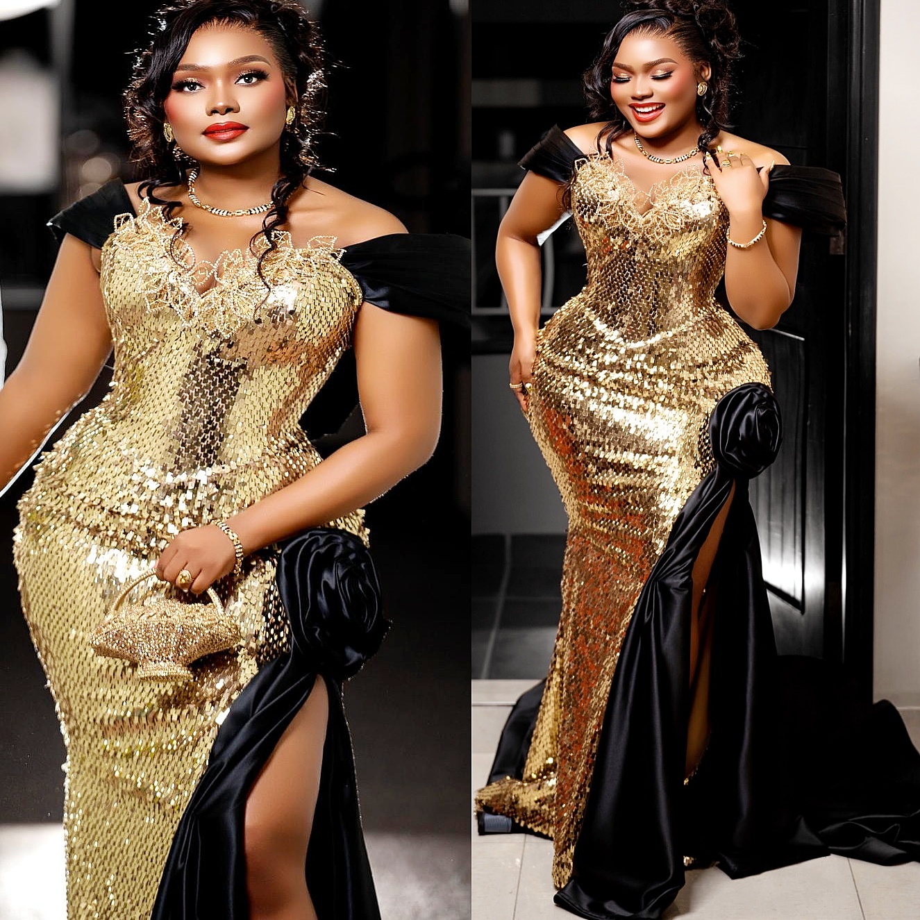 Aso Ebi Mermaid Gold Black Prom Dresses 2025 Sequined Crystals Sparkly Evening Formal Party Second Birthday Engagement Gowns Plus Size Dress For Speci