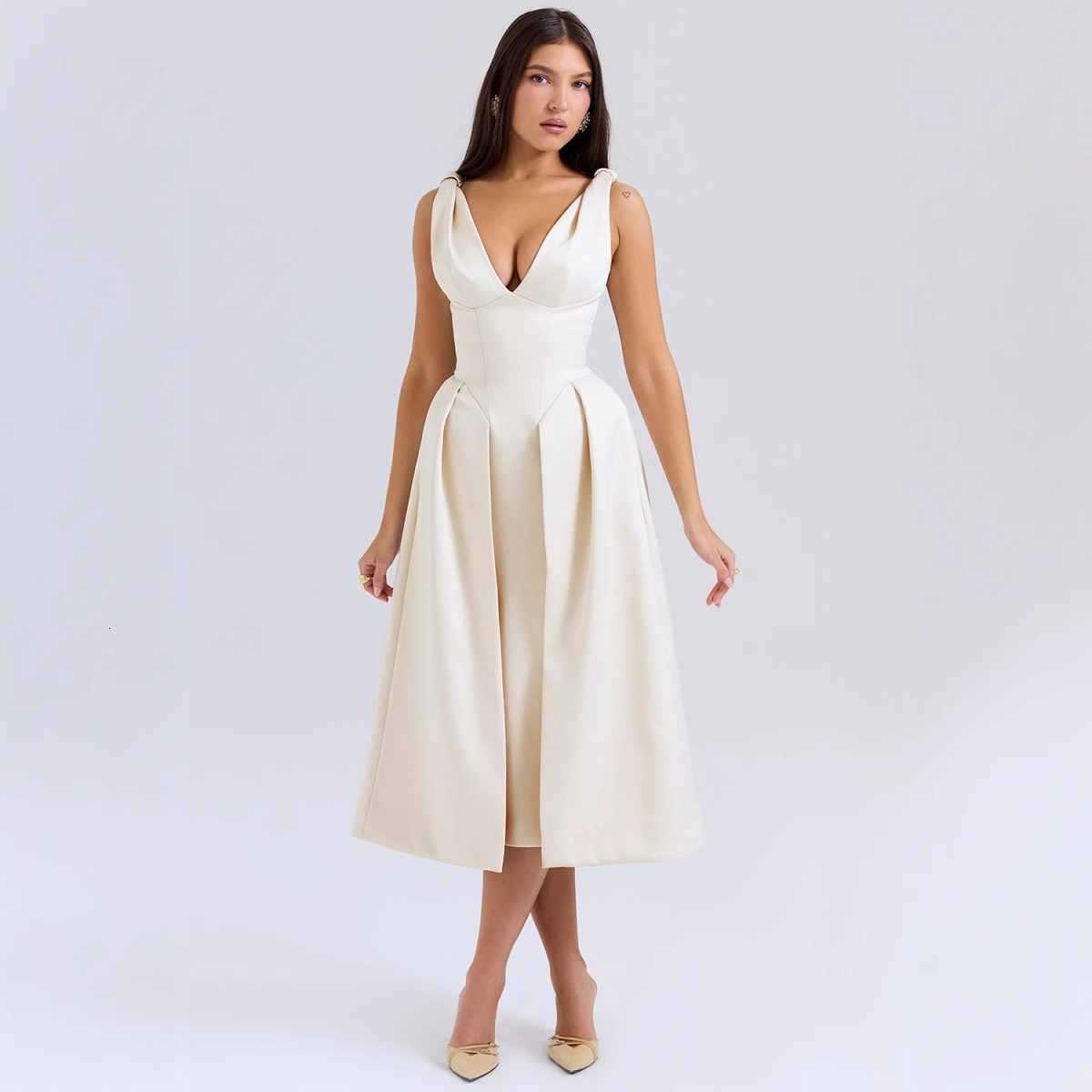 2025 Summer New Slim Fit Strap Long Dress Fashion Solid Color Vneck Elegant Dress