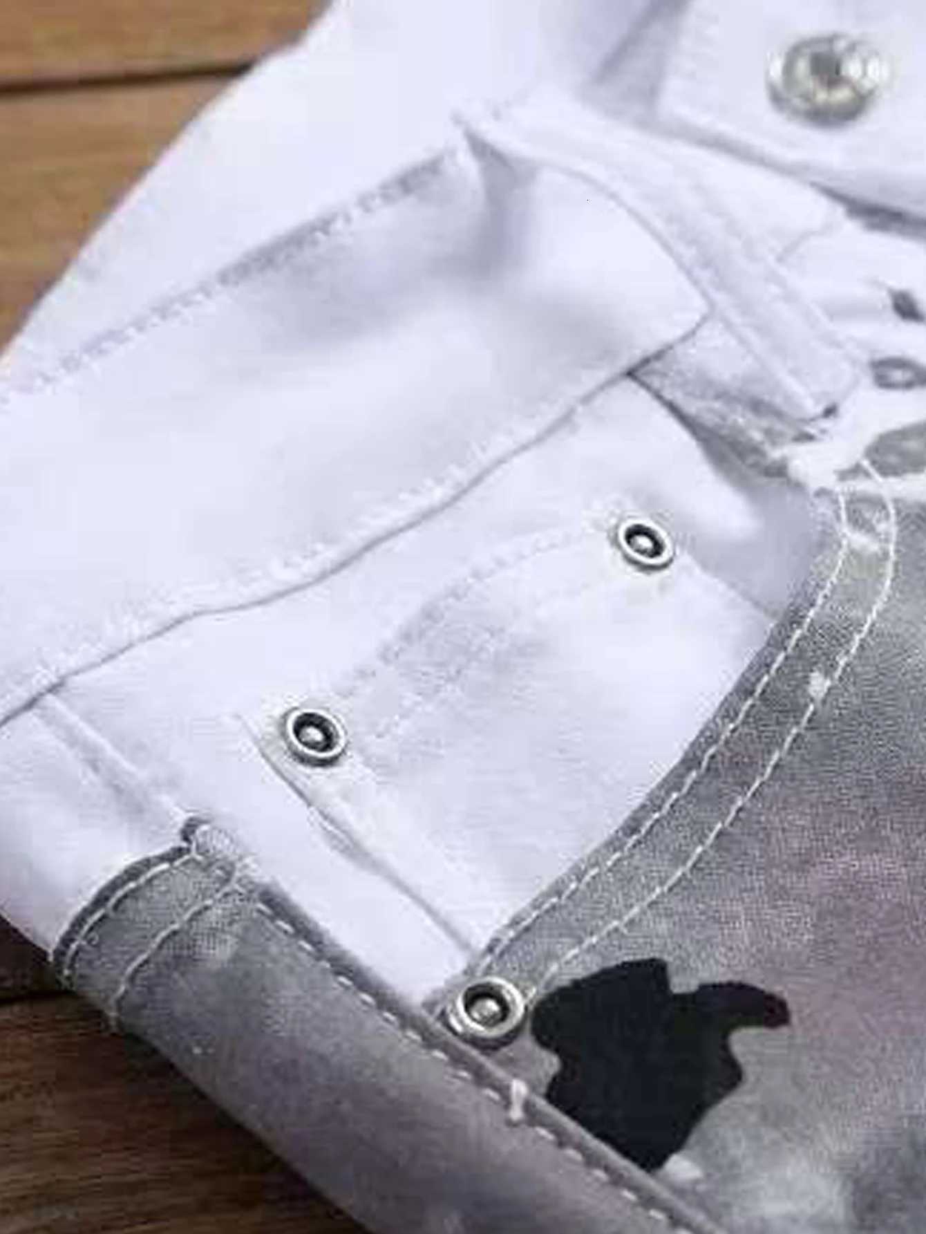 Mens Jeans Casual Black And Grey Printed Denim Pants Slim Fit Straight Leg Comfort Mid Waist White Trousers W250905