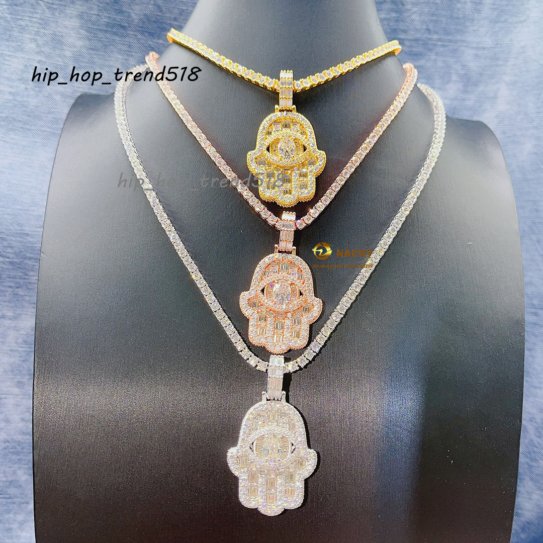 Fine Jewelry 925 Sterling Silver Iced Out Vvs Moissanite Diamond Egyptian Eye Hamsa Hand Pendant Necklace for Women