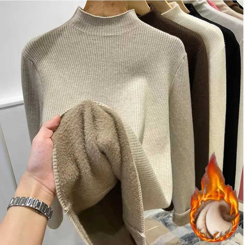 Turtleneck Winter Sweater Women EleGant Thicken Velvet Lined Warm Sueter Knitted Pullover Slim Tops Knitwear Jumper New Z250905