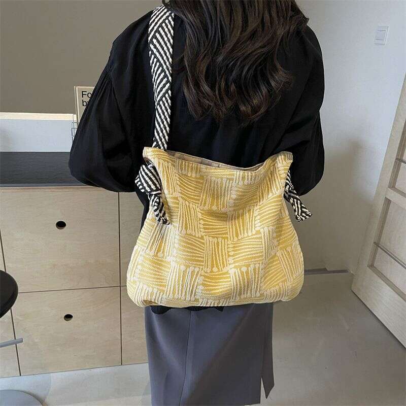 Underarm Forest Style Canvas Trendy Striped Shoulder Office Commute Large Capacity Women's Shopping Bag