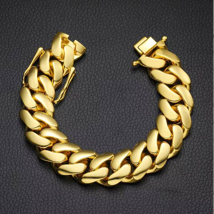 Fashion Jewelry 10121416182022mm Real Gold Plated Brass Big Cuban Link Miami Cuban Bracelet Ready to Ship Jewelry