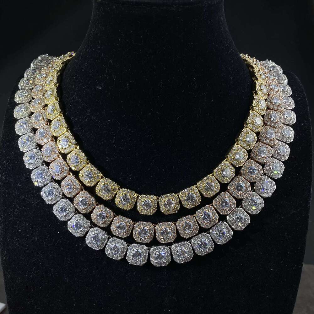 Custom Hip Hop Sier Gold Plated AAA+ Moissanite Iced Out Cluster Tennis Link Chain Necklaces for Women Men