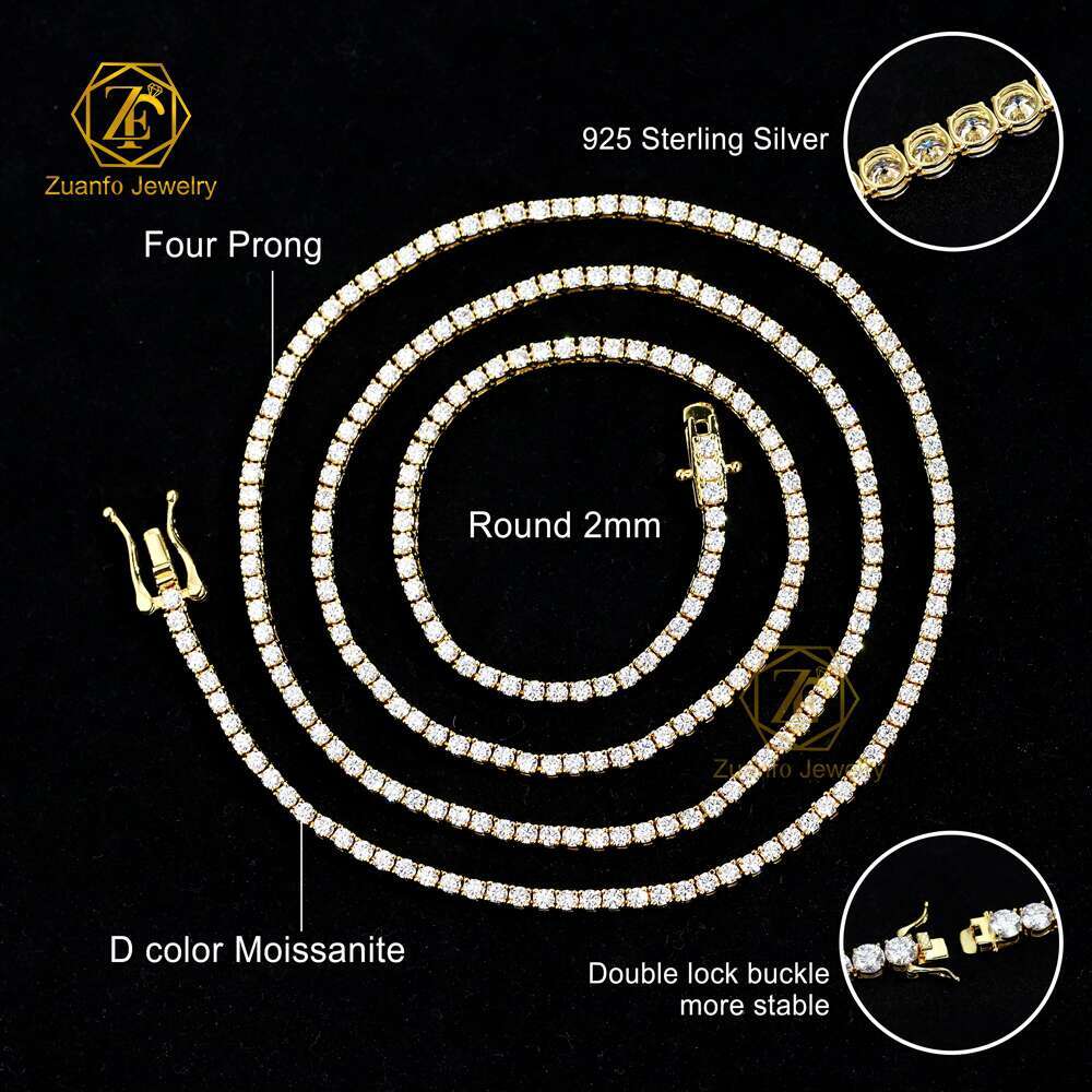 Best Wholesale Price Sier White Gold Plated Tennis Chain VVS Dia Iced Moissanite Necklace 2mm 3mm 4mm Hip Hop