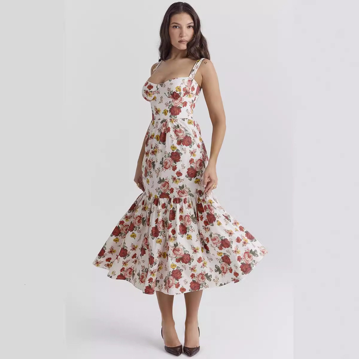 Summer Womens New Sweet and Spicy Floral MidLength Dress Backless Sleeveless Strap Dress for Women Summer
