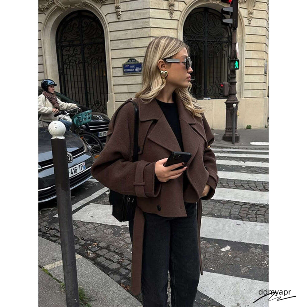 Vintage Brown Double Breasted Short Woolen Jacket Women Elegant Lapel Long Ddmydec Sleeves Pocket Cropped Coat Autumn Chic Lady Outwears Ddmydec Ddmyd