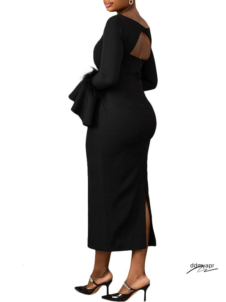 Uoozee Spring Elegant Banquet Fashion Solid Color Feather Sleeves ddmydec A-Line Party Ball Long Dress 241019 ddmydec ddmydec ddmydec ddmydec