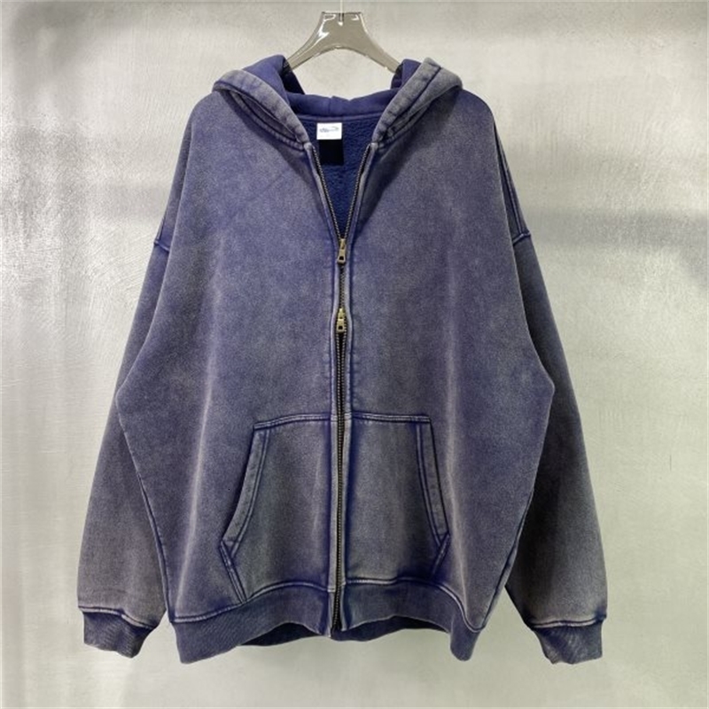 Spring Autumn Fahsion Mens Casual Trendy Loose Solid Color Waxed Hooded Hoodies American Zipper Washed Vintage Coat Male 250904