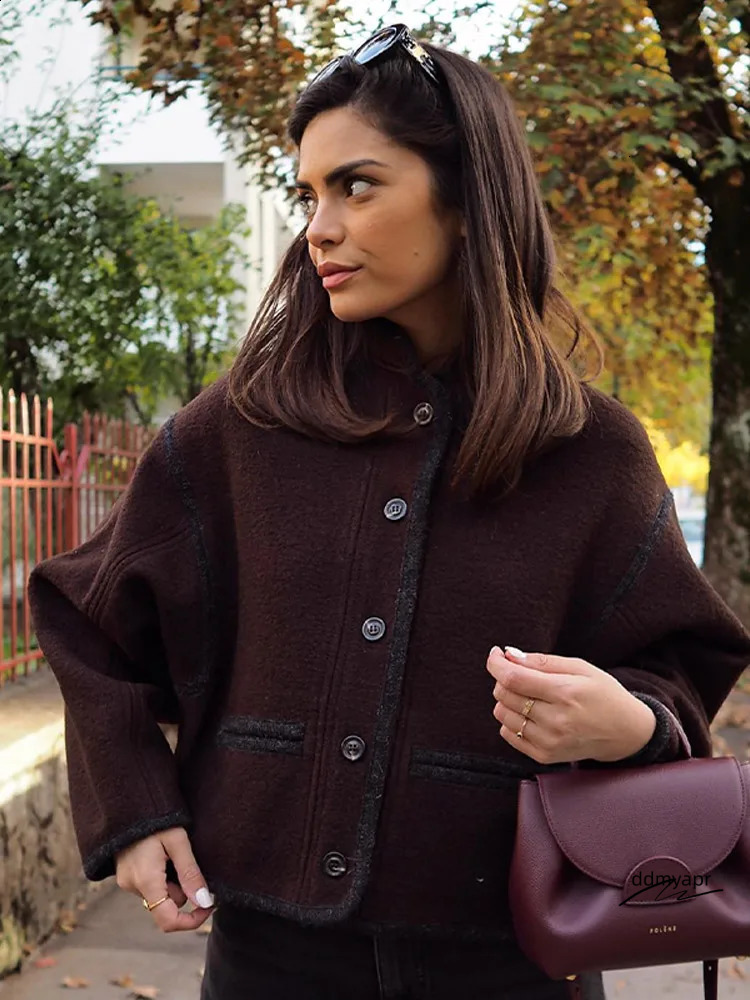 Casual Single-Breasted Woolen Coat Women Autumn Winter Chic Long Sleeve Stand Collar Brown Jacket Female Fashion ddmydec Streetwear 240815