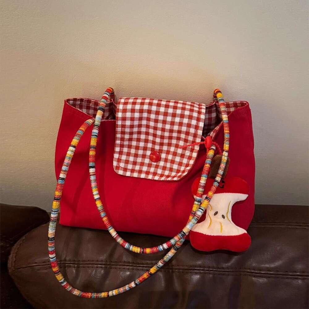 Red Plaid Canvas Large Capacity Commuting Korean Lazy Style Outing Shoulder Tote Bag for Women