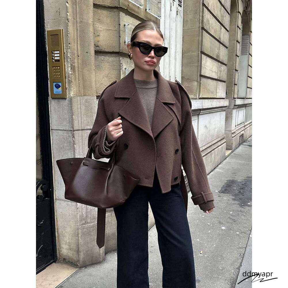Vintage Brown Double Breasted Short Woolen Jacket Women Elegant Lapel Long Ddmydec Sleeves Pocket Cropped Coat Autumn Chic Lady Outwears Ddmydec Ddmyd