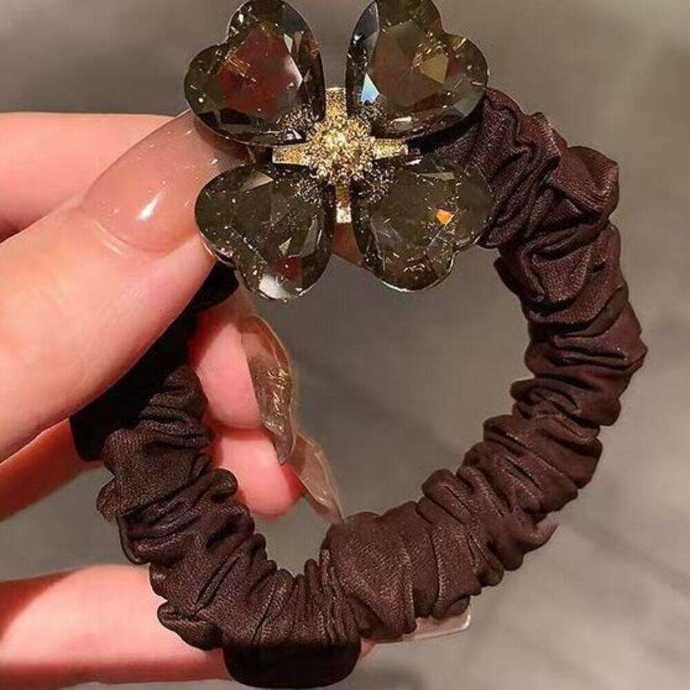 DHpet 2025 Korean Clover Rhinestone Hair Loop High Elastic Ponytail Hair Rope Simple Bun Hair Ring Fashion OL Versatile Hair Accessory Black/Brown