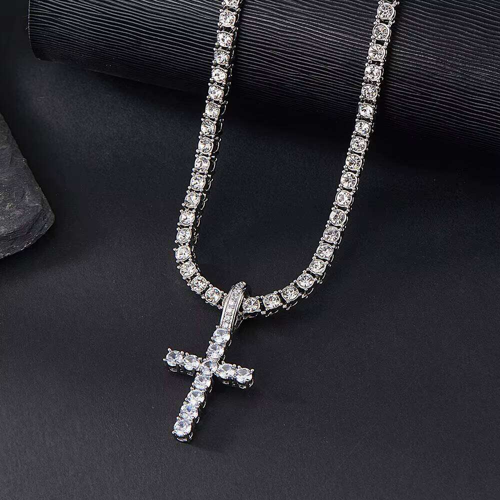 Hip-Hop Jewelry Iced Out VVS Silicon Stone Cross Pendant Tennis Chain Necklace Set