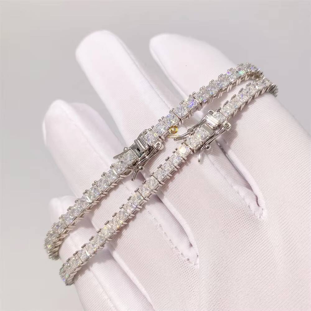 Large Stock Iced Out 25mm3mm Princess Moissanite Diamond 925 Sterling Silver Tennis Bracelet