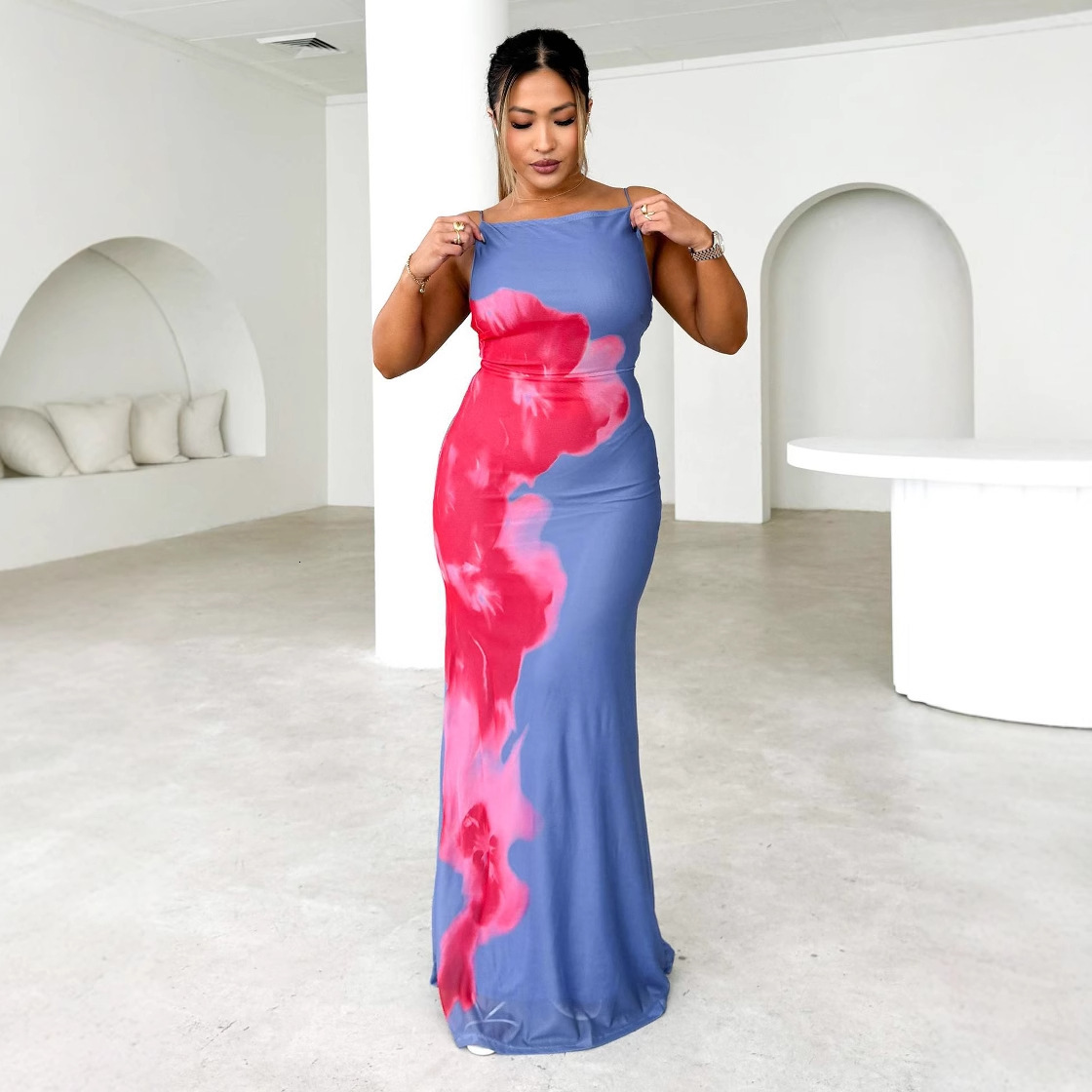 2025 Spring Summer New Womens Slim Fit Strap ColorBlock Floral Print Long Dress