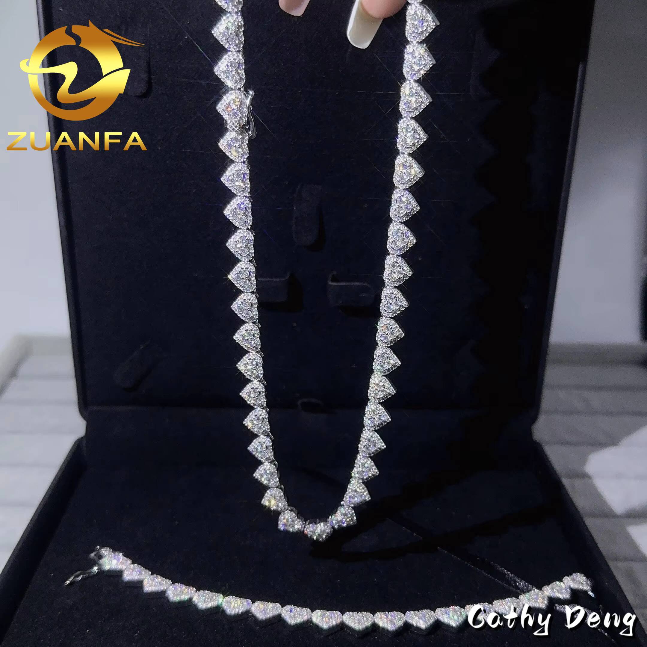 Hot Sale 925 Sterling Silver 8mm Moissanite Heart Design Women Men Fashion Hip Hop Iced Out Cuban Link Chain Bracelet Set