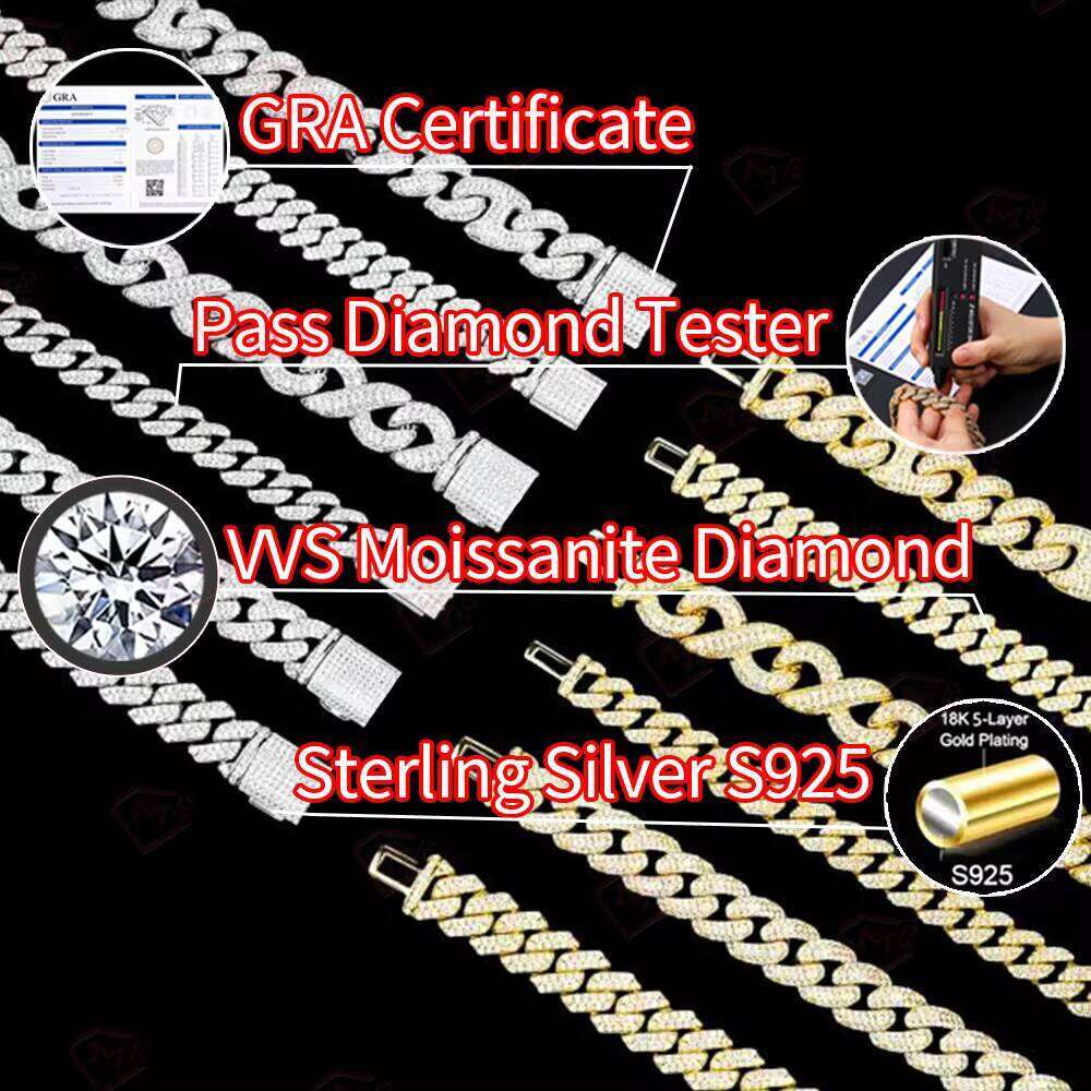 16MM Miami Moissanite Link Chain Iced Out Hip Hop Sterling Sier Necklace Baguette Cut Cuban Links Chains